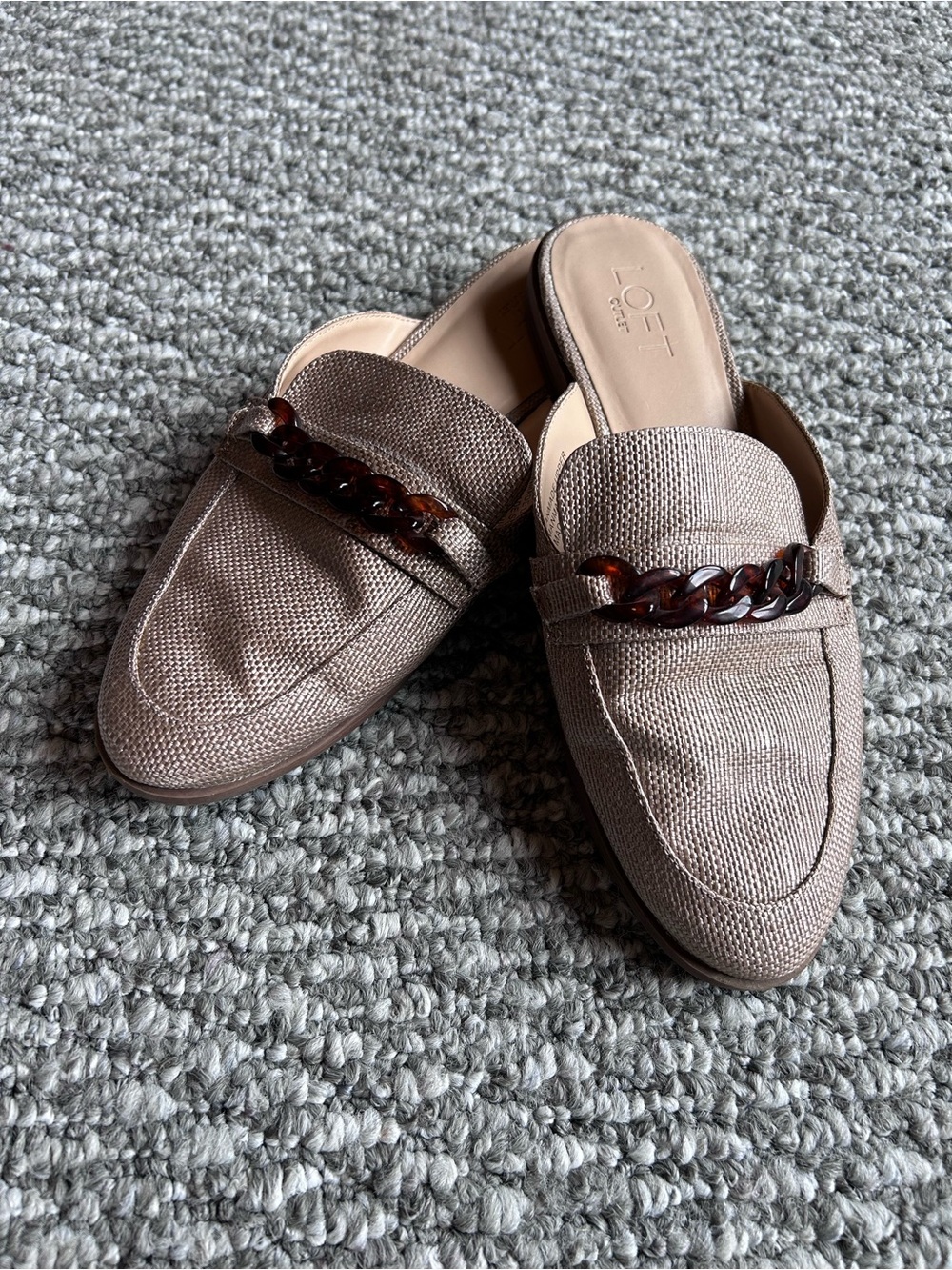 LOFT Taupe Woven Slip-On Loafers with Tortoiseshell Chain